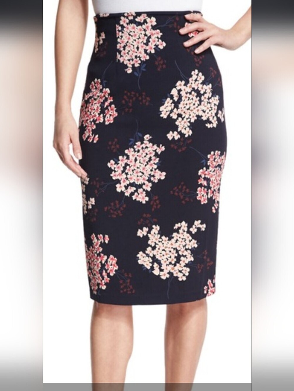 Rebecca Taylor Navy Pencil Skirt with Pink Floral Print